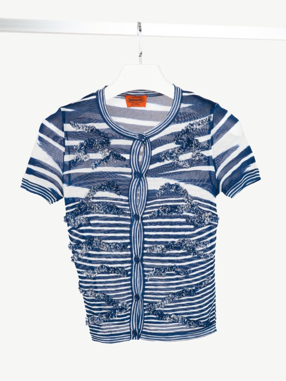 Missoni Blue & White Striped Fringe Short-Sleeve Cardigan